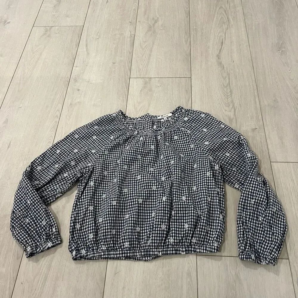Madewell Top Womens Navy Blue Gingham Check Embroidered Button Back Shirt Boho s